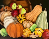 a painting of pumpkins, apples and gourds