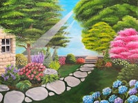 a painting of a garden with flowers and trees