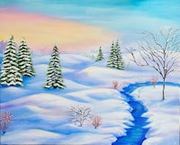 a painting of a snowy scene with trees and a stream