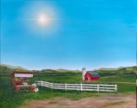 a painting of a farm with a red barn and a white fence